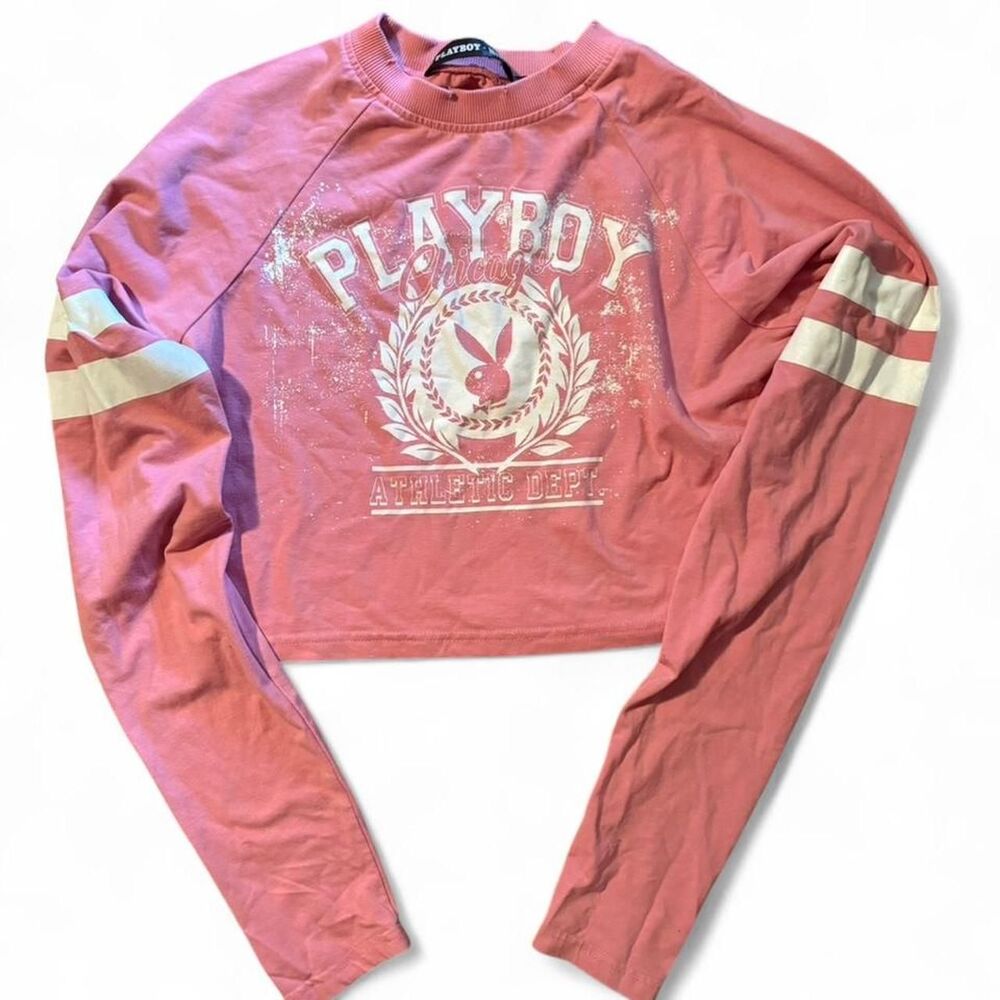 Missguided x Playboy Pink Varsity Cropped Long Sleeve Top Medium